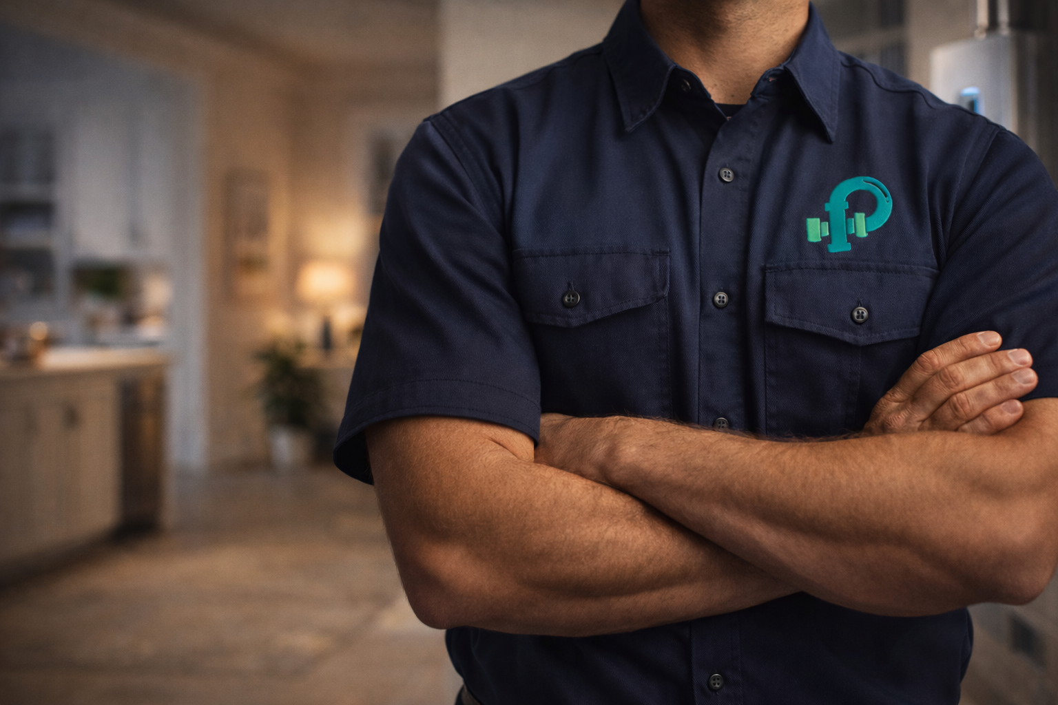 Plumber standing in a modern kitchen setting used as the backdrop for the Kenny Ethridge Plumbing about page