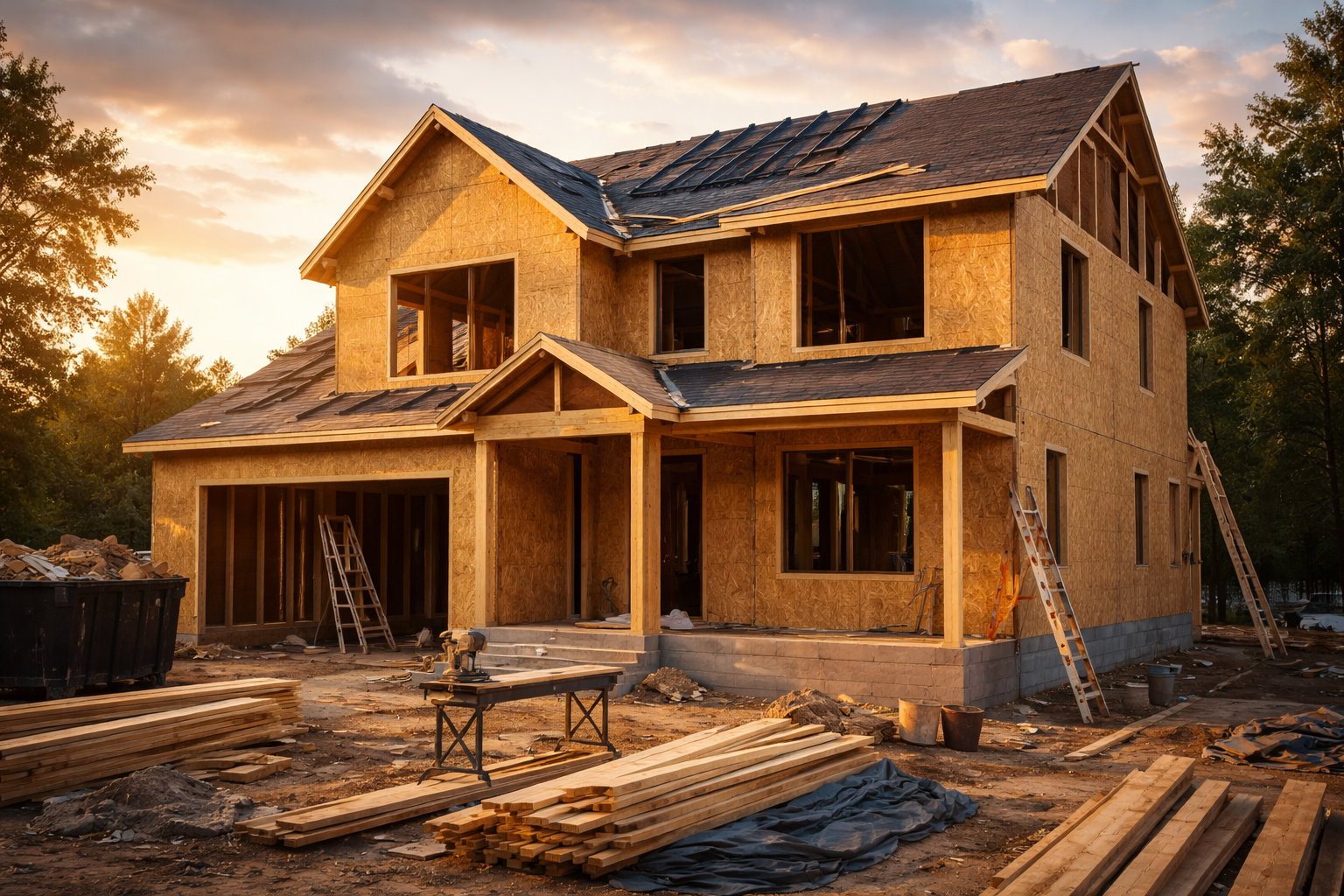 House under construction at golden hour for builder work and new construction plumbing