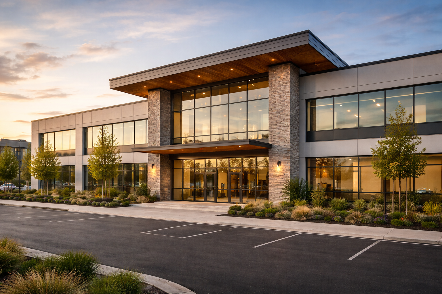 Modern commercial office building at sunset representing planned commercial plumbing work