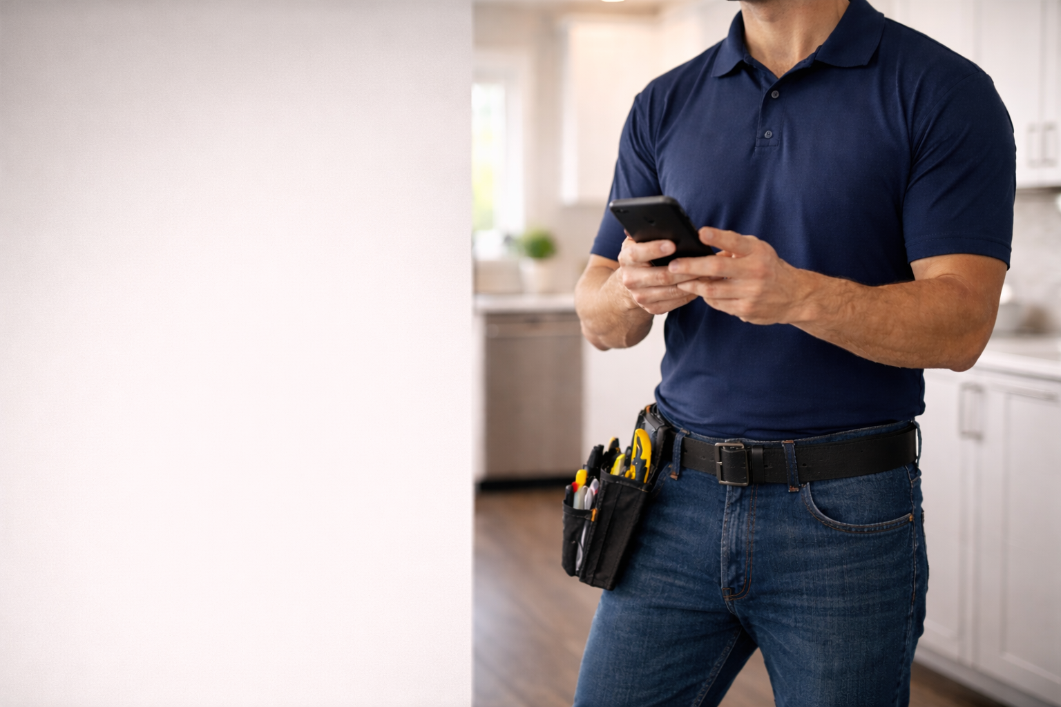 Plumbing technician checking a phone inside a bright kitchen, representing direct service contact