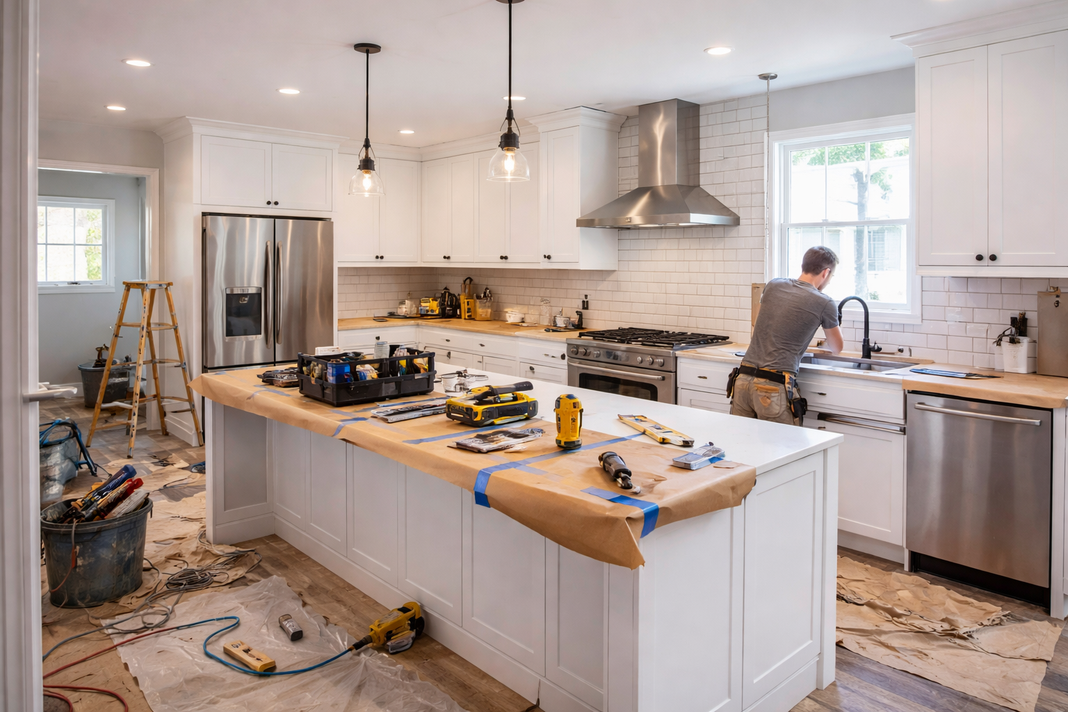 Kitchen remodel in progress with open walls and unfinished finish work