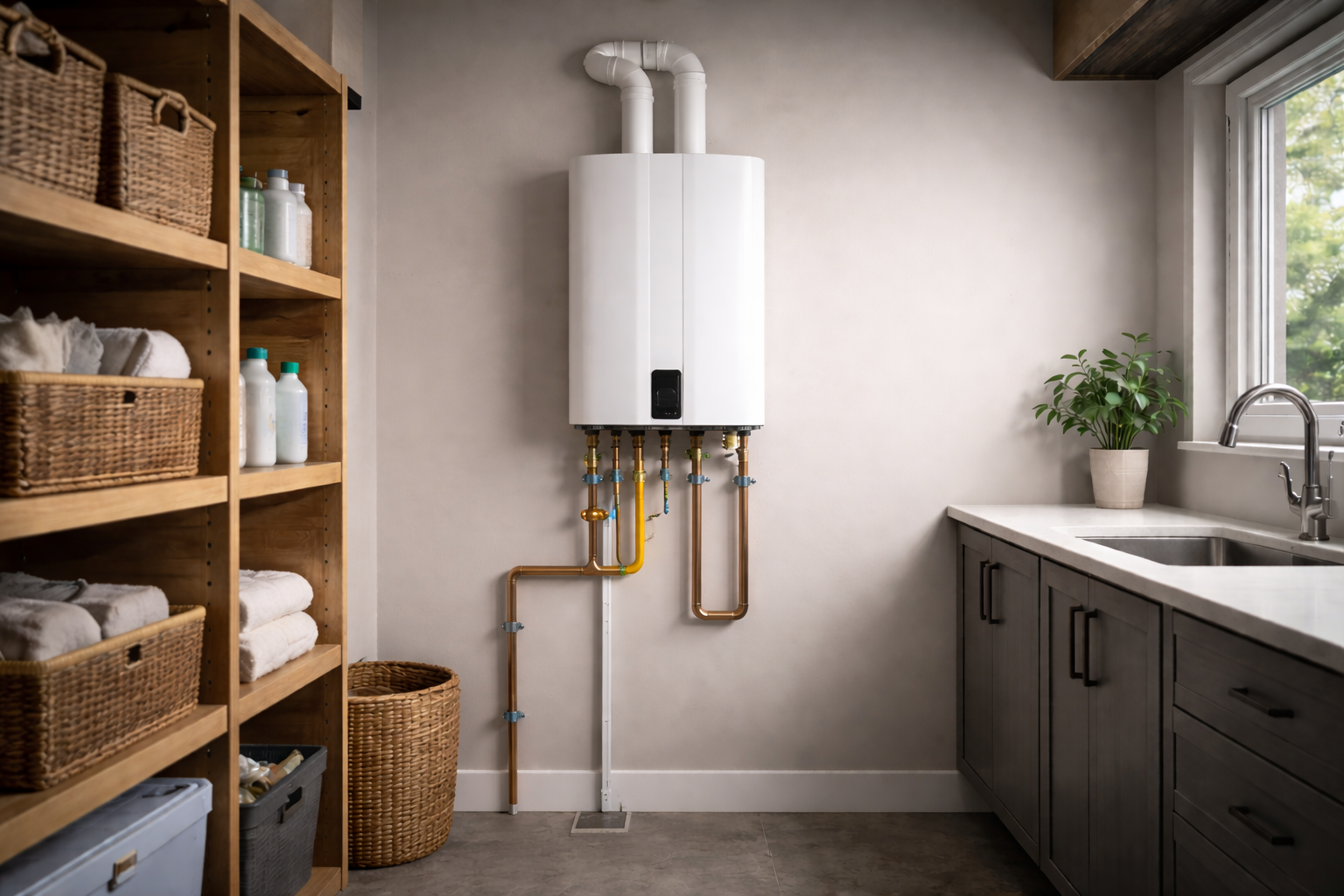 Tankless water heater inside a modern utility room