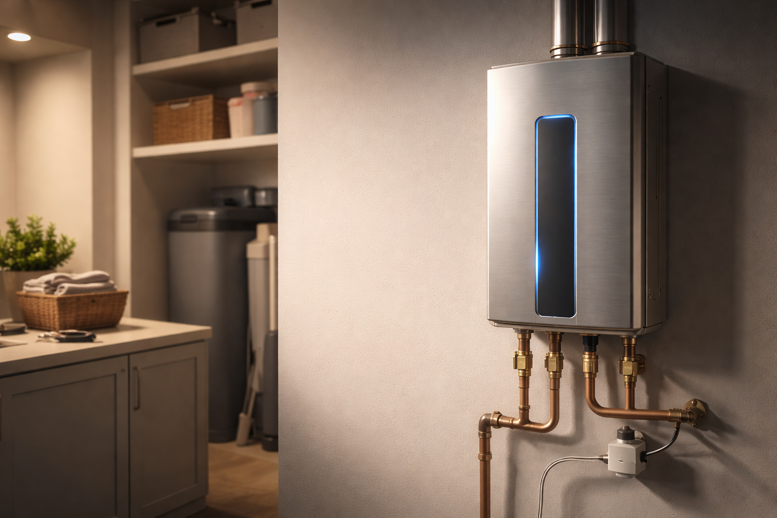 Tankless water heater installation inside a clean utility room used as the backdrop for Kenny Ethridge Plumbing reviews