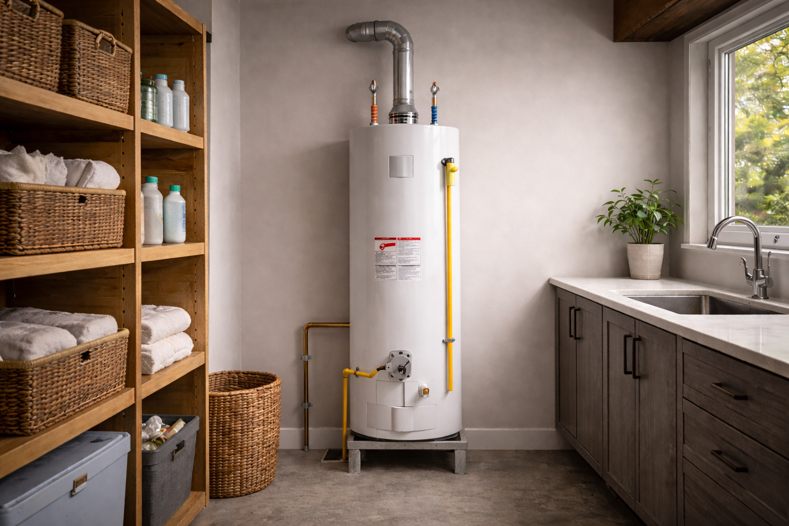 Tank water heater installed in a clean residential utility room