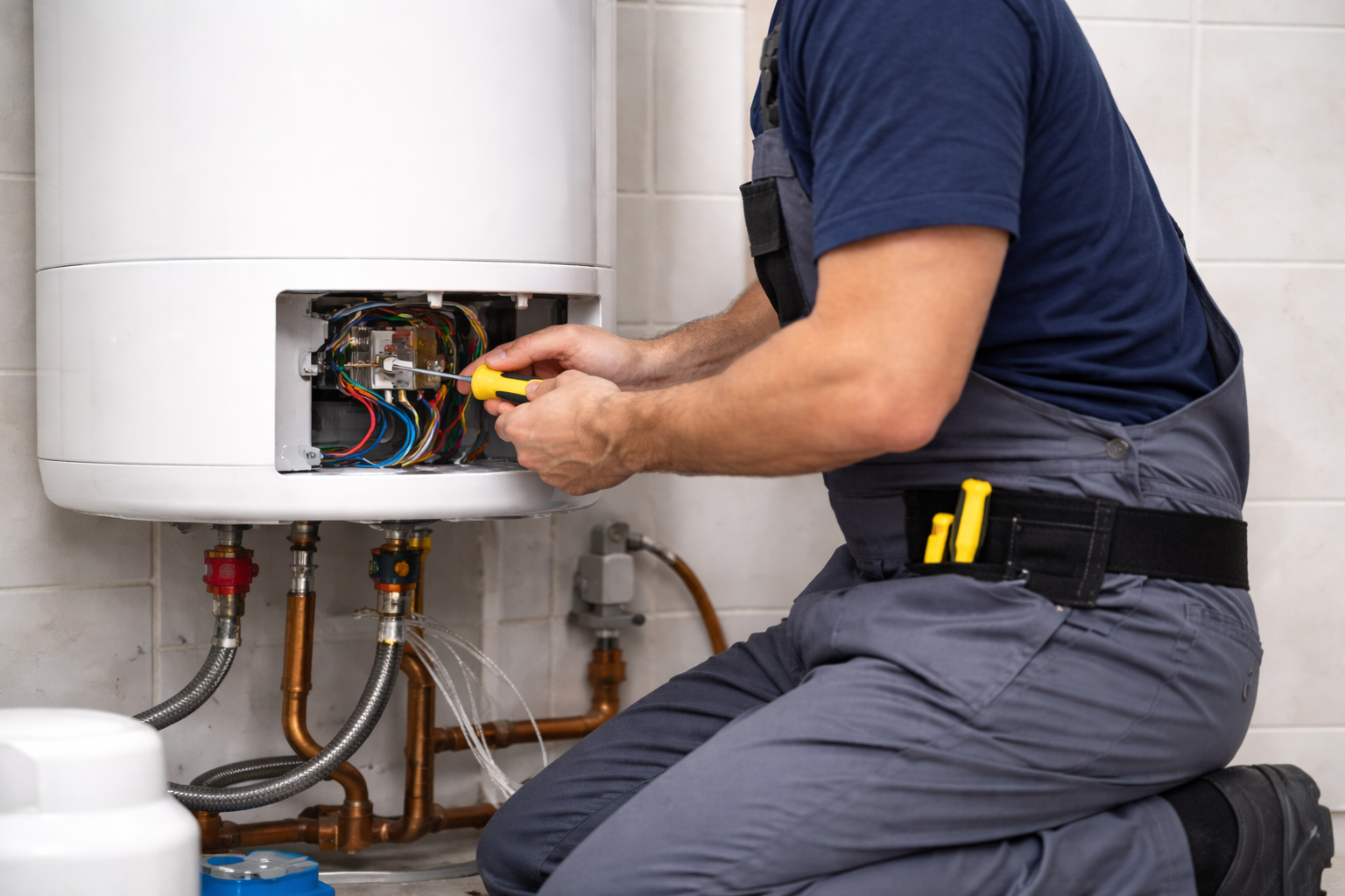 Technician repairing a water heater with the access panel open