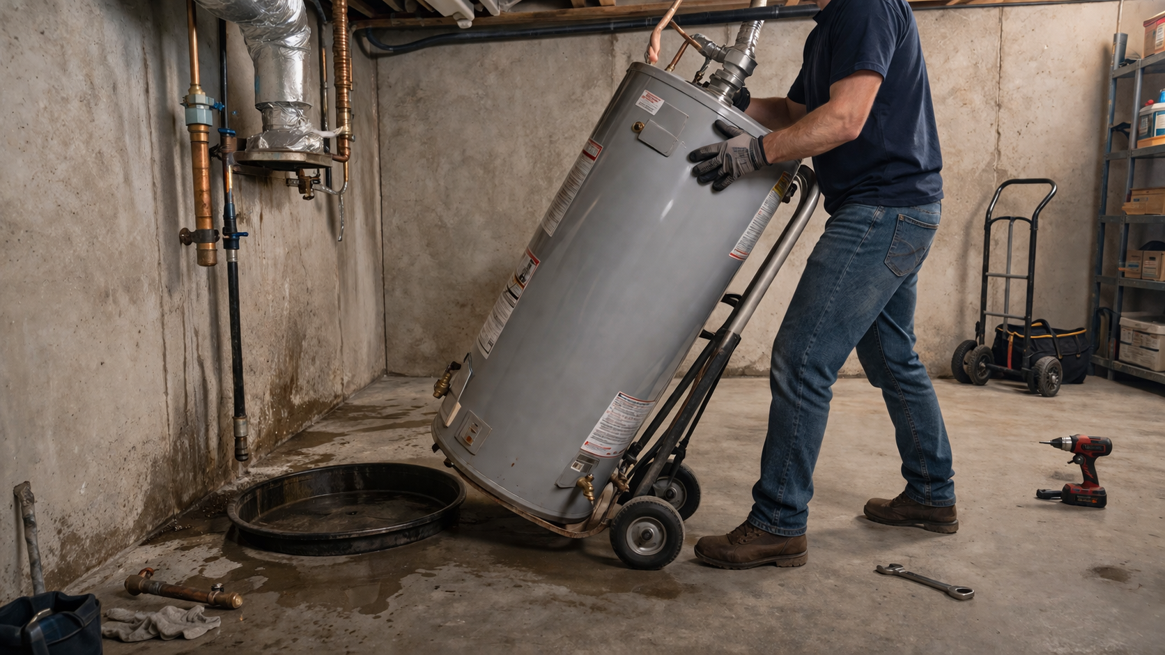 Technician removing an old water heater for replacement